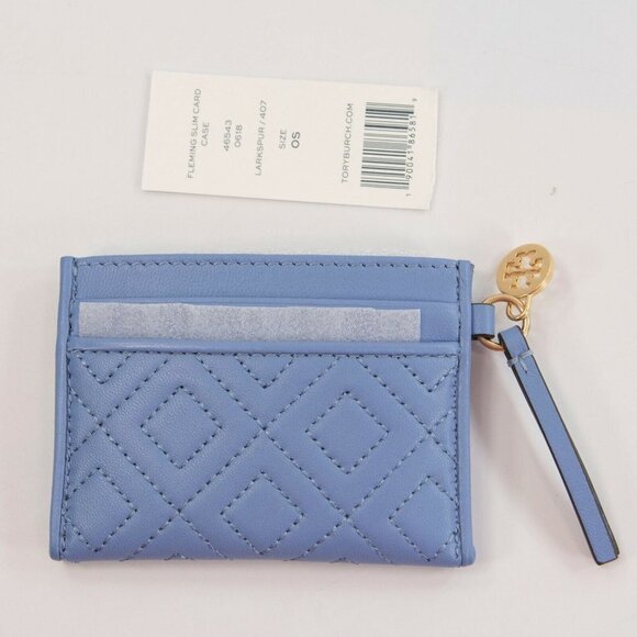Tory Burch Fleming Larkspur Quilted Leather Card Coin Case Mini Key Wallet NWT - Picture 1 of 5